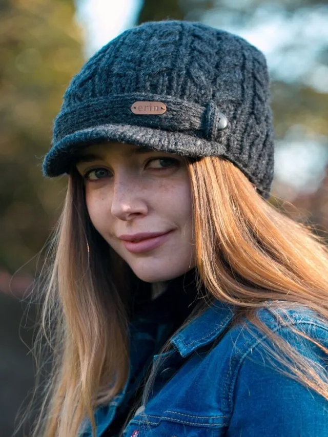 Aran Wool Hats*Sweater Shop Aran Cable Peak Hat Lined Charcoal