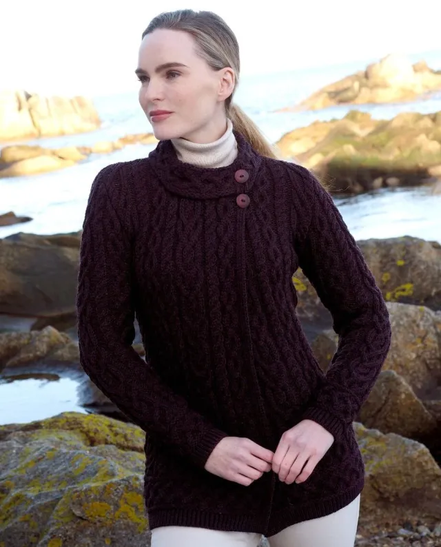 Womens Irish Knitwear|Ladies Cardigans*Sweater Shop Aran Cardigan with Side Buttons Damson
