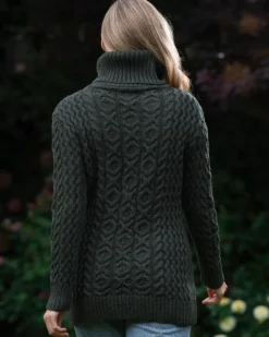 Womens Irish Knitwear*Sweater Shop Aran Cowl Neck Merino Wool Army Green