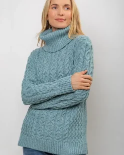 Womens Irish Knitwear|Womens Aran Fisherman Sweaters*Sweater Shop Aran Cowl Neck Merino Wool Aqua