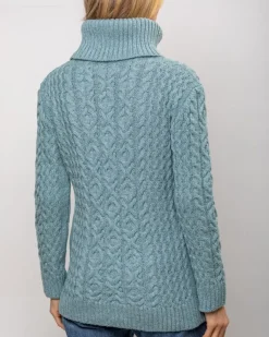 Womens Irish Knitwear|Womens Aran Fisherman Sweaters*Sweater Shop Aran Cowl Neck Merino Wool Aqua