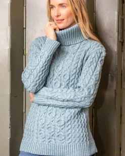 Womens Irish Knitwear|Womens Aran Fisherman Sweaters*Sweater Shop Aran Cowl Neck Merino Wool Aqua