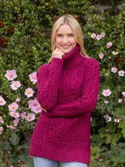 Womens Irish Knitwear*Sweater Shop Aran Cowl Neck Merino Wool Raspberry