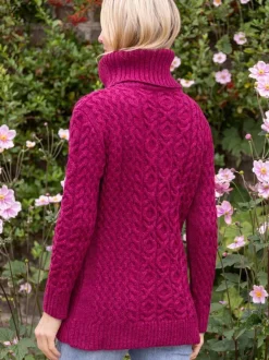 Womens Irish Knitwear*Sweater Shop Aran Cowl Neck Merino Wool Raspberry