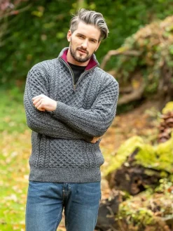 Mens Knitwear|Mens Fisherman Sweaters*Sweater Shop Aran Half Zip Sweater - 2507 Slate with wine collar
