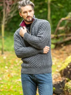 Mens Knitwear|Mens Fisherman Sweaters*Sweater Shop Aran Half Zip Sweater - 2507 Slate with wine collar