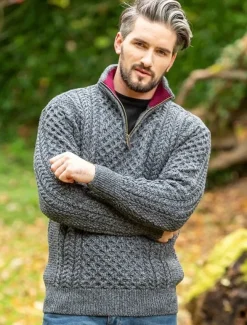 Mens Knitwear|Mens Fisherman Sweaters*Sweater Shop Aran Half Zip Sweater - 2507 Slate with wine collar