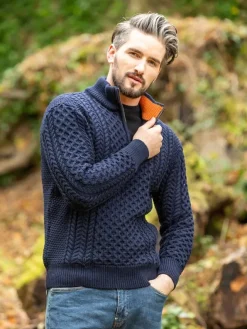 Mens Knitwear|Mens Fisherman Sweaters*Sweater Shop ARAN HALF ZIP SWEATER 2507- Navy with Terracotta collar