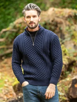 Mens Knitwear|Mens Fisherman Sweaters*Sweater Shop ARAN HALF ZIP SWEATER 2507- Navy with Terracotta collar