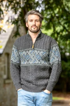 Mens Fisherman Sweaters|Mens Knitwear*Sweater Shop Aran Half Zip Sweater with Celtic Design
