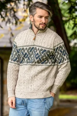 Mens Fisherman Sweaters|Mens Knitwear*Sweater Shop Aran Half Zip Sweater with Celtic Design