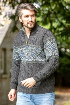 Mens Fisherman Sweaters|Mens Knitwear*Sweater Shop Aran Half Zip Sweater with Celtic Design