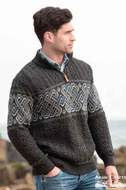Mens Fisherman Sweaters|Mens Knitwear*Sweater Shop Aran Half Zip Sweater with Celtic Design