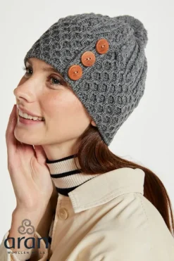 Aran Wool Hats|Ladies Hats*Sweater Shop Aran Hat with Pom Pom - Charcoal