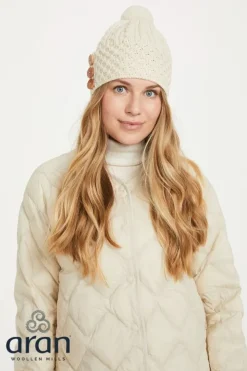 Aran Wool Hats|Ladies Hats*Sweater Shop Aran Hat with Pom Pom - Natural
