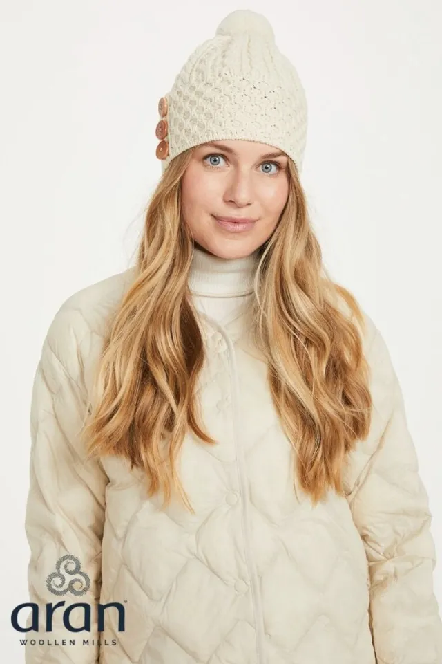 Aran Wool Hats|Ladies Hats*Sweater Shop Aran Hat with Pom Pom - Natural
