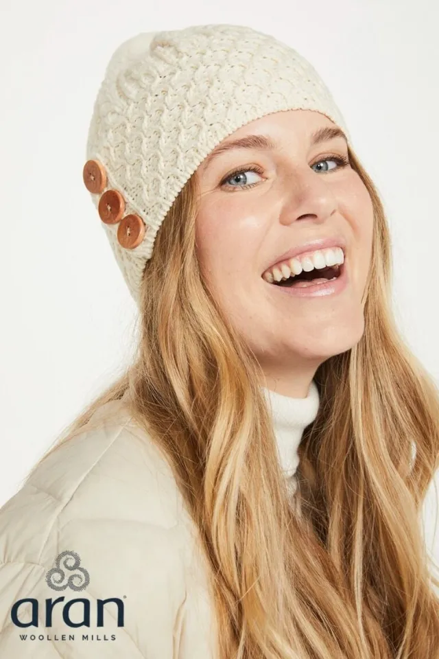 Aran Wool Hats|Ladies Hats*Sweater Shop Aran Hat with Pom Pom - Natural