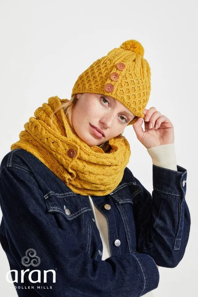 Aran Wool Hats|Ladies Hats*Sweater Shop Aran Hat with Pom Pom - Yellow