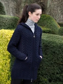 Womens Aran & Tweed Coats|Womens Irish Knitwear*Sweater Shop Aran Hooded Coat with Celtic Zipper Navy