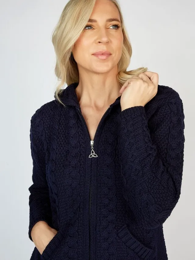 Womens Aran & Tweed Coats|Womens Irish Knitwear*Sweater Shop Aran Hooded Coat with Celtic Zipper Navy