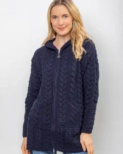 Womens Aran & Tweed Coats|Womens Irish Knitwear*Sweater Shop Aran Hooded Coat with Celtic Zipper Navy