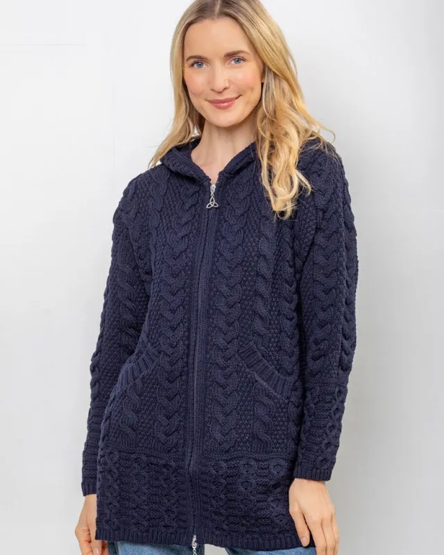 Womens Aran & Tweed Coats|Womens Irish Knitwear*Sweater Shop Aran Hooded Coat with Celtic Zipper Navy