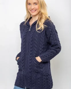Womens Aran & Tweed Coats|Womens Irish Knitwear*Sweater Shop Aran Hooded Coat with Celtic Zipper Navy