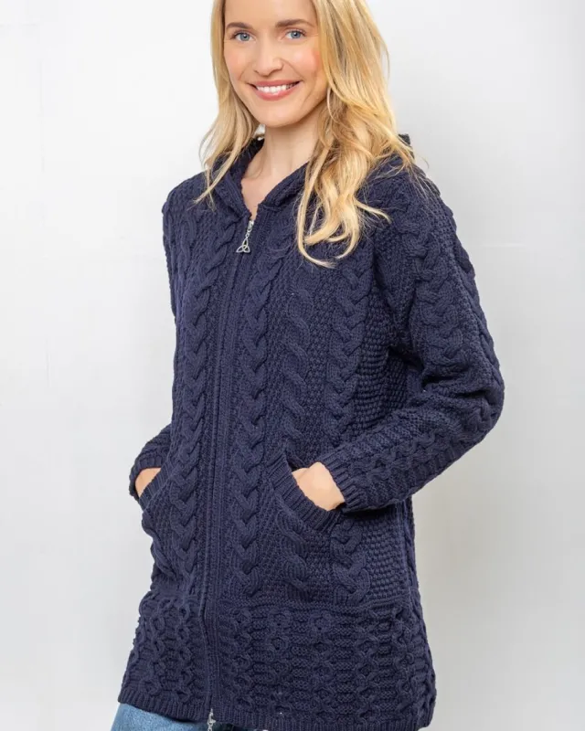 Womens Aran & Tweed Coats|Womens Irish Knitwear*Sweater Shop Aran Hooded Coat with Celtic Zipper Navy
