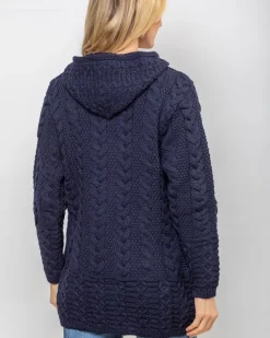 Womens Aran & Tweed Coats|Womens Irish Knitwear*Sweater Shop Aran Hooded Coat with Celtic Zipper Navy
