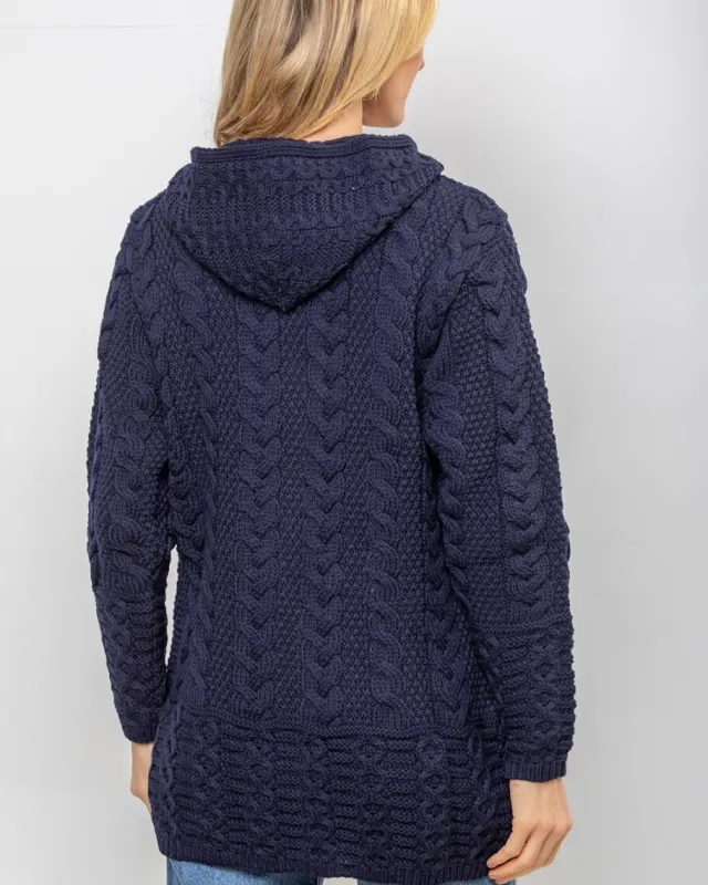 Womens Aran & Tweed Coats|Womens Irish Knitwear*Sweater Shop Aran Hooded Coat with Celtic Zipper Navy
