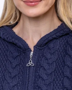 Womens Aran & Tweed Coats|Womens Irish Knitwear*Sweater Shop Aran Hooded Coat with Celtic Zipper Navy