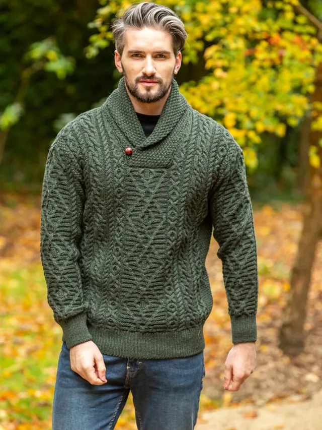 Mens Fisherman Sweaters|Mens Knitwear*Sweater Shop Aran Shawl Neck Sweater Army Green