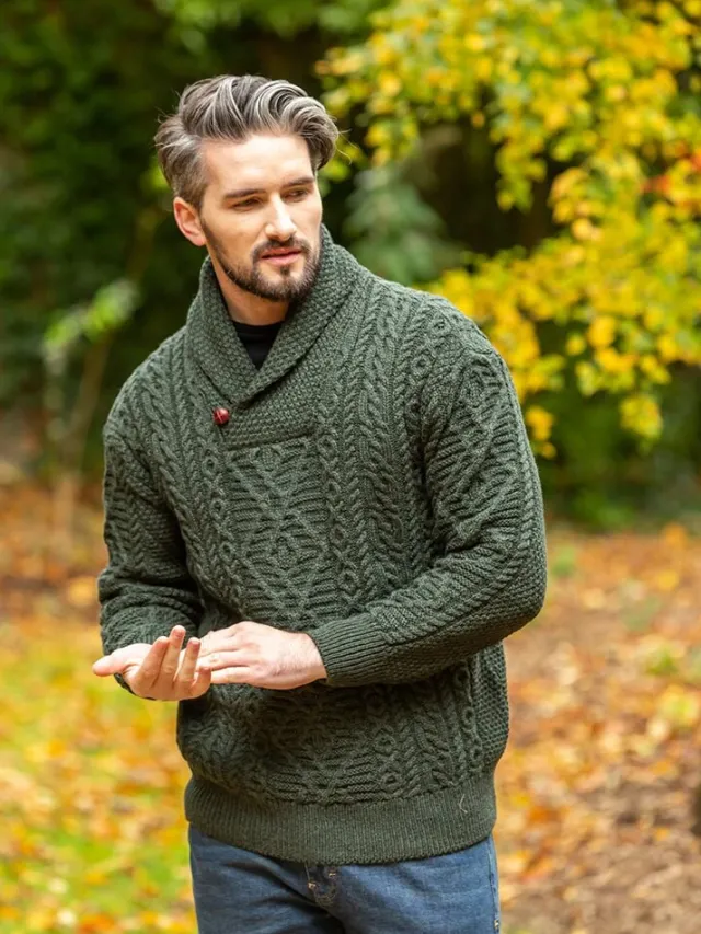 Mens Fisherman Sweaters|Mens Knitwear*Sweater Shop Aran Shawl Neck Sweater Army Green