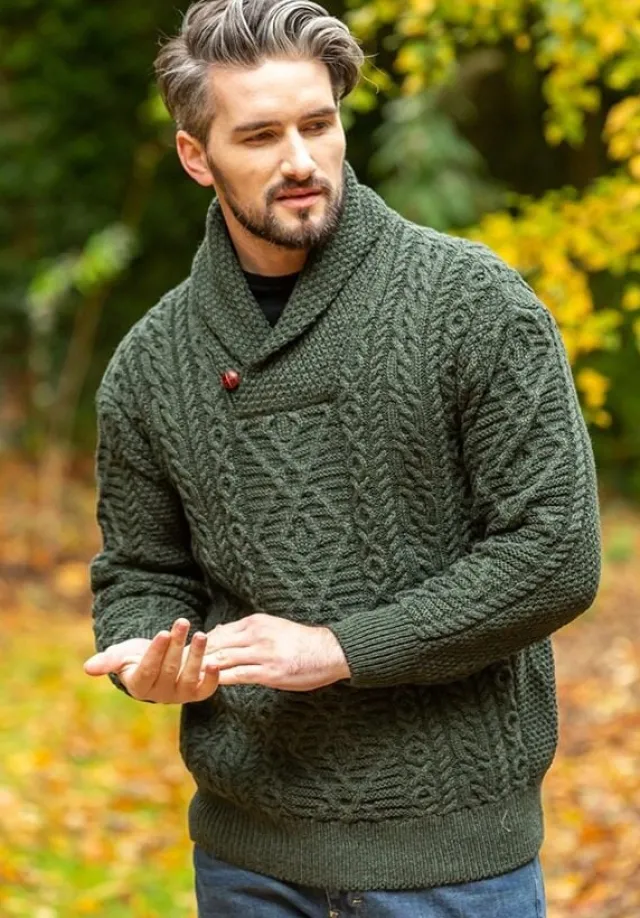 Mens Fisherman Sweaters|Mens Knitwear*Sweater Shop Aran Shawl Neck Sweater Army Green