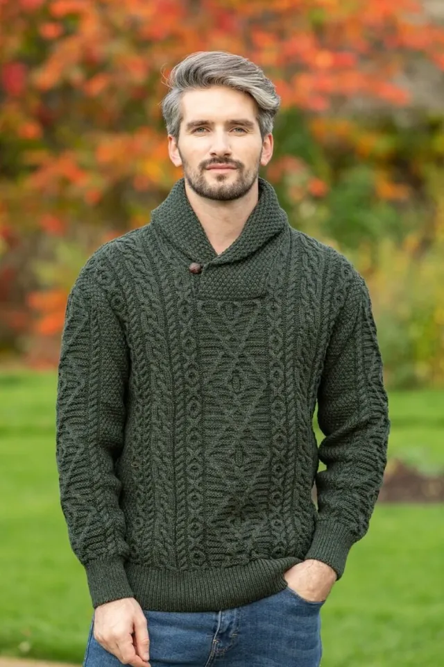 Mens Fisherman Sweaters|Mens Knitwear*Sweater Shop Aran Shawl Neck Sweater Army Green