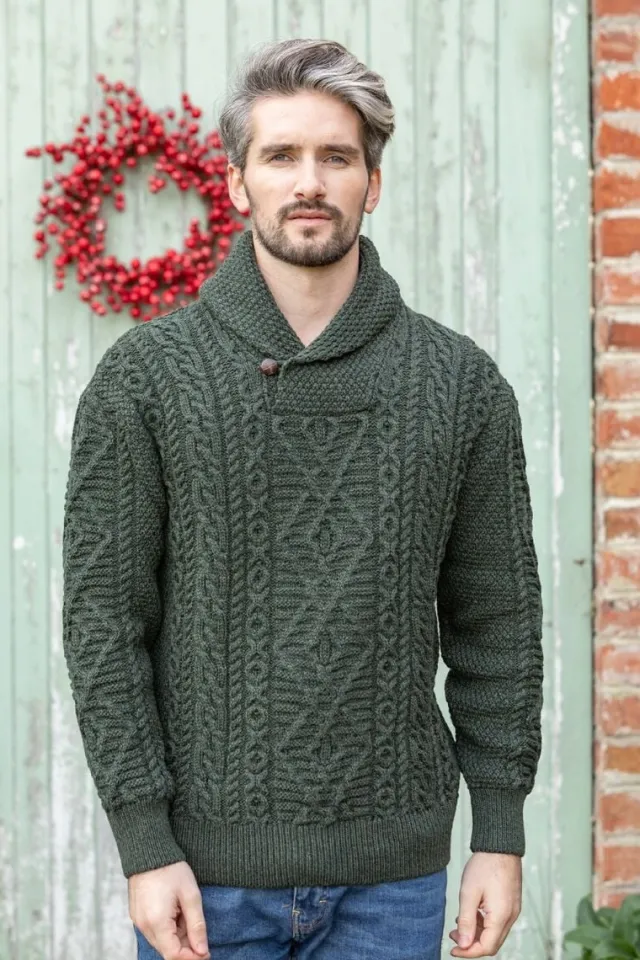 Mens Fisherman Sweaters|Mens Knitwear*Sweater Shop Aran Shawl Neck Sweater Army Green