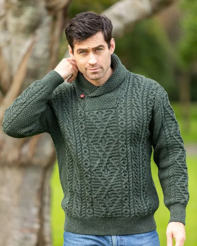 Mens Fisherman Sweaters|Mens Knitwear*Sweater Shop Aran Shawl Neck Sweater Army Green