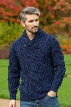 Mens Fisherman Sweaters|Mens Knitwear*Sweater Shop Aran Shawl Neck Sweater Deep Water Blue