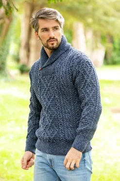 Mens Knitwear|Mens Fisherman Sweaters*Sweater Shop Aran Shawl Neck Sweater Denim