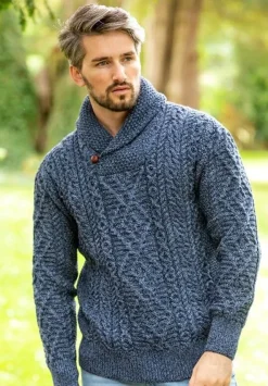 Mens Knitwear|Mens Fisherman Sweaters*Sweater Shop Aran Shawl Neck Sweater Denim