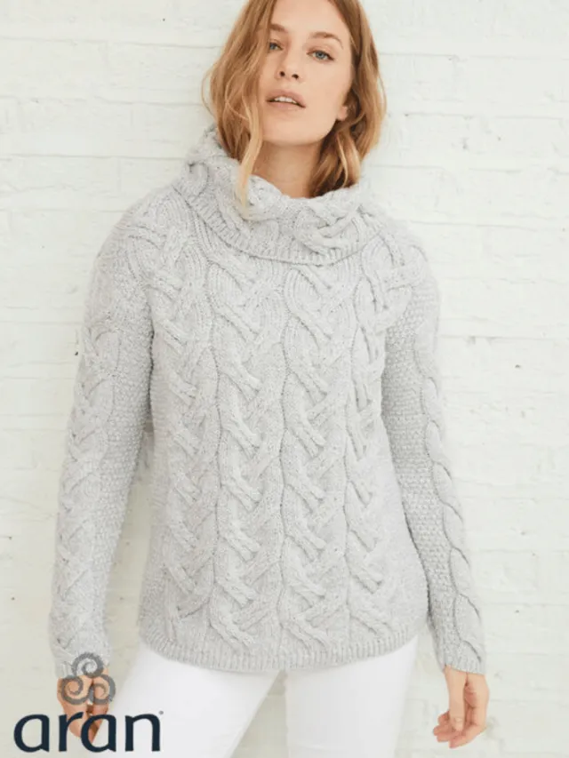 Womens Irish Knitwear|Womens Aran Fisherman Sweaters*Sweater Shop Aran Super Soft Chunky Cowl Neck Light Silver