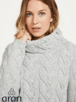 Womens Irish Knitwear|Womens Aran Fisherman Sweaters*Sweater Shop Aran Super Soft Chunky Cowl Neck Light Silver