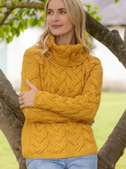 Womens Irish Knitwear|Womens Aran Fisherman Sweaters*Sweater Shop Aran Super Soft Cowl Neck Sweater Sunshine