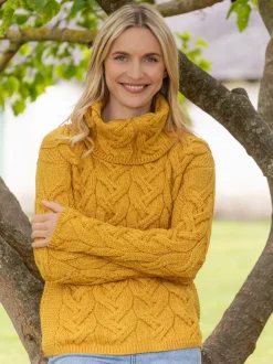 Womens Irish Knitwear|Womens Aran Fisherman Sweaters*Sweater Shop Aran Super Soft Cowl Neck Sweater Sunshine