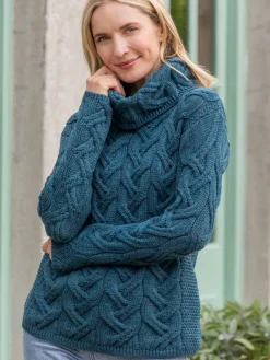Womens Irish Knitwear|Womens Aran Fisherman Sweaters*Sweater Shop Aran Super Soft Cowl Neck Sweater Teal