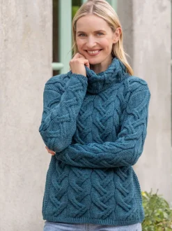 Womens Irish Knitwear|Womens Aran Fisherman Sweaters*Sweater Shop Aran Super Soft Cowl Neck Sweater Teal