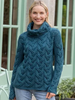 Womens Irish Knitwear|Womens Aran Fisherman Sweaters*Sweater Shop Aran Super Soft Cowl Neck Sweater Teal