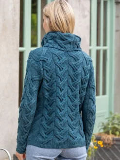 Womens Irish Knitwear|Womens Aran Fisherman Sweaters*Sweater Shop Aran Super Soft Cowl Neck Sweater Teal
