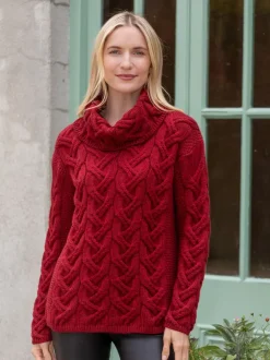 Womens Irish Knitwear|Womens Aran Fisherman Sweaters*Sweater Shop Aran Super Soft Cowl Neck Sweater Red
