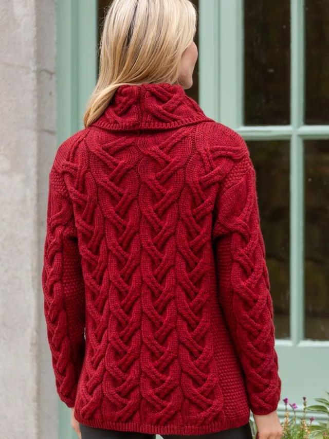 Womens Irish Knitwear|Womens Aran Fisherman Sweaters*Sweater Shop Aran Super Soft Cowl Neck Sweater Red